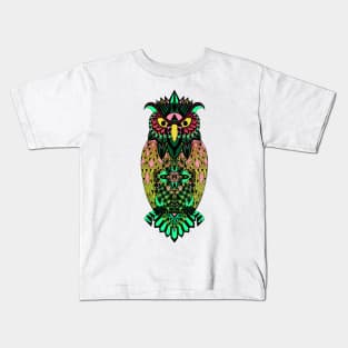 fluorescent luminicent psychodelic owl in pattern wisdom of wonders ecopop wallpaper art tribal zendoodle of flowers Kids T-Shirt